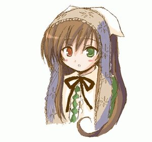Rating: Safe Score: 0 Tags: 1girl :o bangs blush brown_hair dress green_eyes heterochromia image long_hair looking_at_viewer ribbon simple_background solo striped suiseiseki upper_body vertical_stripes white_background User: admin