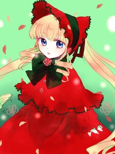 Rating: Safe Score: 0 Tags: 1girl blonde_hair blue_eyes bonnet bow bowtie capelet dress flower green_background green_bow image long_hair long_sleeves looking_at_viewer petals red_capelet red_dress rose rose_petals shinku solo twintails User: admin