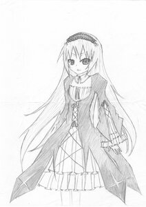 Rating: Safe Score: 0 Tags: 1girl auto_tagged dress frills full_body greyscale hairband image long_hair long_sleeves looking_at_viewer monochrome simple_background smile solo standing suigintou very_long_hair white_background User: admin