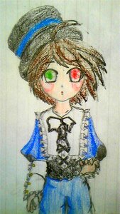 Rating: Safe Score: 0 Tags: 1girl blue_dress brown_hair dress frills green_eyes hat image long_sleeves looking_at_viewer red_eyes short_hair simple_background solo souseiseki traditional_media watercolor_(medium) User: admin