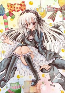 Rating: Safe Score: 0 Tags: 1girl black_footwear boots bow box candy_cane dress food frills gift gift_box hairband image knee_boots long_hair long_sleeves photo silver_hair sitting solo suigintou traditional_media watercolor_(medium) User: admin
