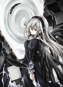 Rating: Safe Score: 0 Tags: 1girl argyle bird black_dress black_feathers black_wings checkered checkered_background checkered_floor dress feathers flower frills gothic_lolita hairband image kurokoeda lolita_fashion lolita_hairband long_hair long_sleeves looking_at_viewer mirror pale_skin rose rozen_maiden silver_hair solo suigintou very_long_hair wings User: admin