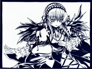 Rating: Safe Score: 0 Tags: 1girl black_border border dress frilled_sleeves frills greyscale hairband image lolita_hairband long_hair long_sleeves looking_at_viewer monochrome shikishi simple_background solo suigintou traditional_media white_background wings User: admin