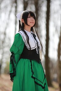 Rating: Safe Score: 0 Tags: 1girl black_hair blurry blurry_background closed_eyes depth_of_field dress green_dress lips long_sleeves outdoors solo standing suiseiseki User: admin
