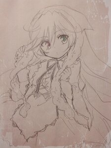 Rating: Safe Score: 0 Tags: 1girl dress eyebrows_visible_through_hair frills heterochromia image long_hair long_sleeves looking_at_viewer monochrome neck_ribbon simple_background sketch solo spot_color suiseiseki traditional_media very_long_hair User: admin