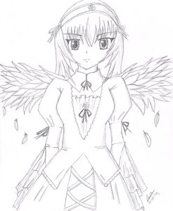 Rating: Safe Score: 0 Tags: 1girl closed_mouth cowboy_shot dress feathered_wings feathers frills greyscale hairband image long_sleeves looking_at_viewer monochrome puffy_sleeves ribbon signature simple_background solo standing suigintou white_background wings User: admin