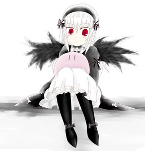 Rating: Safe Score: 0 Tags: 1girl bangs black_dress black_wings blush boots dress feathered_wings frills hairband image long_hair long_sleeves looking_at_viewer puffy_sleeves red_eyes ribbon silver_hair sitting solo suigintou white_background wings User: admin