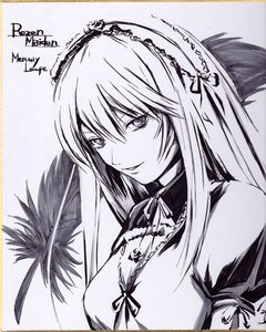 Rating: Safe Score: 0 Tags: 1girl bare_shoulders breasts detached_collar greyscale hairband image long_hair looking_at_viewer monochrome ribbon smile solo suigintou traditional_media upper_body User: admin