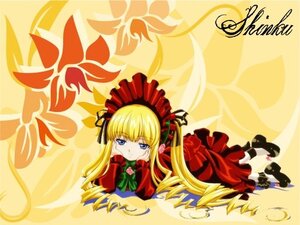 Rating: Safe Score: 0 Tags: 1girl blonde_hair blue_eyes bonnet bow bowtie dress green_bow image long_hair long_sleeves looking_at_viewer lying on_stomach red_dress shinku solo twintails yellow_background User: admin