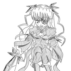 Rating: Safe Score: 0 Tags: 1girl angry barasuishou clenched_teeth dress hair_ornament hair_ribbon image long_hair long_sleeves monochrome ribbon skirt solo teeth thighhighs two_side_up white_background User: admin