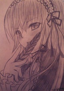 Rating: Safe Score: 0 Tags: 1girl frills hairband image looking_at_viewer monochrome ribbon simple_background solo suigintou traditional_media User: admin