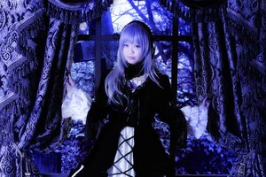 Rating: Safe Score: 0 Tags: 1girl black_dress blue_theme curtains dress flower gothic gothic_lolita indoors lolita_fashion long_hair long_sleeves looking_at_viewer night solo suigintou window User: admin