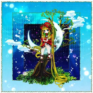 Rating: Safe Score: 0 Tags: 1girl blonde_hair blue_eyes bonnet bow bowtie dress flower image long_hair red_dress shinku shoes sitting solo tree very_long_hair User: admin