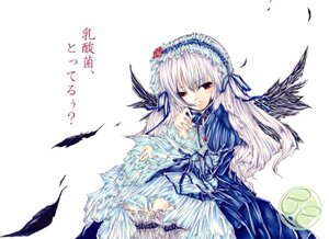 Rating: Safe Score: 0 Tags: 1girl bird dress feathers flower frills hairband image lolita_hairband long_hair long_sleeves looking_at_viewer red_eyes ribbon rose silver_hair simple_background solo striped suigintou white_background wings User: admin