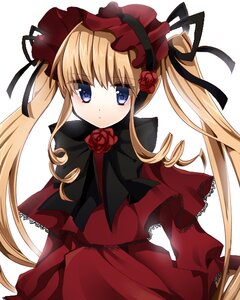 Rating: Safe Score: 0 Tags: 1girl blonde_hair blue_eyes bow bowtie capelet dress flower image long_hair long_sleeves looking_at_viewer red_capelet red_dress red_flower red_rose ribbon rose shinku simple_background solo twintails white_background User: admin