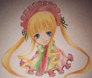 Rating: Safe Score: 0 Tags: 1girl bangs blonde_hair blue_eyes bonnet bow bowtie closed_mouth flower green_bow green_neckwear image long_hair looking_at_viewer marker_(medium) photo rose shinku simple_background smile solo traditional_media twintails User: admin