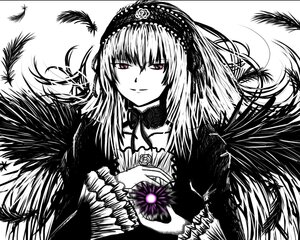 Rating: Safe Score: 0 Tags: 1girl auto_tagged black_wings dress feathers flower frills greyscale hairband image long_hair long_sleeves looking_at_viewer monochrome smile solo suigintou upper_body wings User: admin