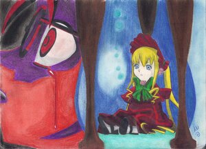 Rating: Safe Score: 0 Tags: 1girl blonde_hair blue_eyes bonnet bow bowtie dress green_bow image long_hair long_sleeves looking_at_viewer marker_(medium) photo rose shinku sidelocks sitting solo traditional_media twintails User: admin