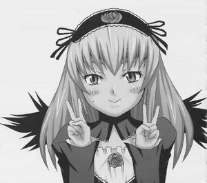 Rating: Safe Score: 3 Tags: 1girl blush double_v dress flower greyscale hairband image lolita_hairband long_hair long_sleeves looking_at_viewer monochrome smile solo suigintou upper_body v wings User: admin
