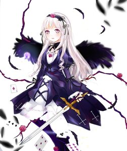 Rating: Safe Score: 0 Tags: 1girl auto_tagged black_wings dress feathers flower frills hairband image long_hair long_sleeves looking_at_viewer pink_eyes purple_flower purple_rose red_flower red_rose ribbon rose silver_hair solo suigintou sword weapon wings User: admin