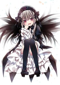 Rating: Safe Score: 3 Tags: 1girl black_dress black_footwear black_ribbon black_wings blush boots dress flower frills full_body hairband high_heel_boots image knee_boots lolita_fashion long_hair long_sleeves looking_at_viewer open_mouth red_eyes ribbon rose silver_hair solo suigintou very_long_hair wings User: admin
