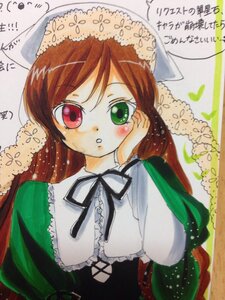 Rating: Safe Score: 0 Tags: 1girl bangs brown_hair dress frills green_dress green_eyes hat head_scarf heterochromia image long_hair long_sleeves looking_at_viewer red_eyes solo suiseiseki traditional_media upper_body User: admin