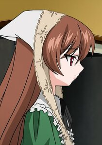 Rating: Safe Score: 0 Tags: 1girl bangs brown_hair closed_mouth dress eyebrows_visible_through_hair frills from_side green_dress image long_hair profile red_eyes solo suiseiseki User: admin