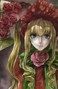 Rating: Safe Score: 0 Tags: 1girl blonde_hair blue_eyes bonnet drill_hair flower image lips long_hair looking_at_viewer marker_(medium) pink_flower pink_rose red_flower red_rose rose shinku solo thorns traditional_media User: admin