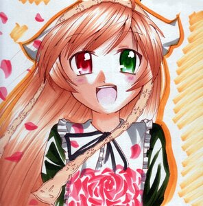 Rating: Safe Score: 0 Tags: 1girl :d brown_hair flower green_eyes heterochromia image long_hair looking_at_viewer marker_(medium) open_mouth petals red_eyes red_flower rose rose_petals smile solo suiseiseki traditional_media upper_body watercolor_(medium) User: admin