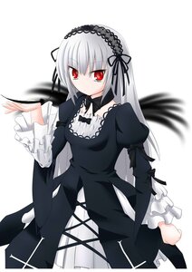 Rating: Safe Score: 3 Tags: 1girl bangs closed_mouth cowboy_shot detached_collar dress frills hairband image juliet_sleeves long_hair long_sleeves looking_at_viewer puffy_sleeves red_eyes ribbon silver_hair simple_background solo suigintou white_background wings User: admin