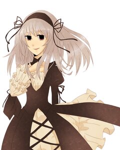 Rating: Safe Score: 0 Tags: 1girl black_dress choker dress frills hair_ribbon hairband image juliet_sleeves long_hair long_sleeves puffy_sleeves ribbon silver_hair simple_background smile solo striped suigintou white_background User: admin