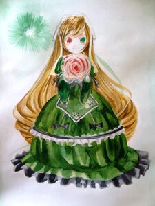 Rating: Safe Score: 0 Tags: 1girl blonde_hair brown_hair dress flower frills green_dress green_eyes heterochromia image long_hair long_sleeves looking_at_viewer red_eyes rose smile solo suiseiseki traditional_media very_long_hair User: admin