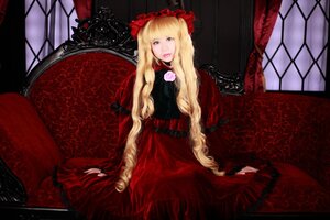Rating: Safe Score: 0 Tags: 1girl blonde_hair curtains dress flower long_hair long_sleeves looking_at_viewer red_dress red_theme rose shinku sitting solo very_long_hair window User: admin