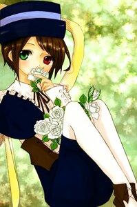 Rating: Safe Score: 0 Tags: 1girl bangs brown_footwear brown_hair dress flower green_eyes hat heterochromia holding image long_sleeves looking_at_viewer red_eyes short_hair sitting solo souseiseki top_hat User: admin