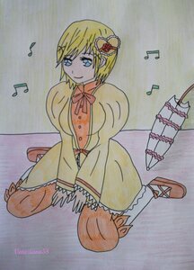 Rating: Safe Score: 0 Tags: 1girl bass_clef beamed_eighth_notes beamed_sixteenth_notes blonde_hair blue_eyes bow dress eighth_note hair_ornament image kanaria long_sleeves music musical_note quarter_note ribbon short_hair singing sitting sixteenth_note smile solo spoken_musical_note staff_(music) traditional_media treble_clef wariza User: admin