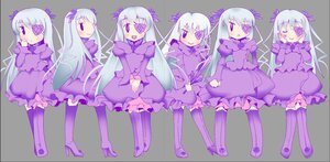 Rating: Safe Score: 0 Tags: 1girl barasuishou dress flower frills image long_hair open_mouth purple_eyes smile solo thighhighs white_hair User: admin