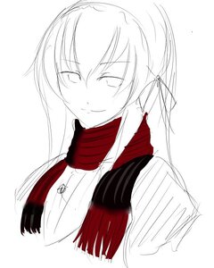 Rating: Safe Score: 0 Tags: 1girl closed_mouth eyebrows_visible_through_hair hair_between_eyes image long_hair looking_at_viewer monochrome pinstripe_pattern ribbed_sweater scarf sketch smile solo striped suigintou sweater turtleneck upper_body vertical_stripes white_background User: admin