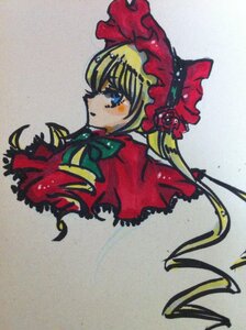 Rating: Safe Score: 0 Tags: 1girl blonde_hair blue_eyes bonnet bow dress frills image long_hair profile ribbon shinku simple_background solo traditional_media User: admin