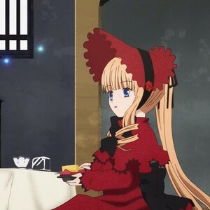 Rating: Safe Score: 0 Tags: 1girl blonde_hair blue_eyes bonnet dress holding image indoors long_hair long_sleeves red_dress shinku sitting solo window User: admin