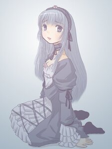 Rating: Safe Score: 0 Tags: 1girl blush choker dress frills full_body gothic_lolita hairband image lolita_fashion long_hair long_sleeves looking_at_viewer open_mouth simple_background sitting solo suigintou User: admin