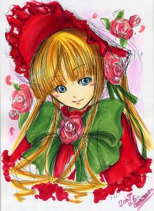 Rating: Safe Score: 0 Tags: 1girl bangs blonde_hair blue_eyes bonnet bow bowtie commentary_request flower green_bow hat image large_bow long_hair long_sleeves looking_at_viewer maon marker_(medium) millipen_(medium) pink_background pink_flower pink_rose portrait red_capelet red_flower red_rose rose rose_petals rozen_maiden shinku signature smile solo traditional_media upper_body User: admin