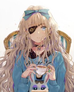 Rating: Safe Score: 0 Tags: 1girl bandaid bangs black_choker blonde_hair blue_eyes blue_jacket blue_nails bow choker coffee cup earrings eyepatch hair_bow holding holding_cup image jewelry kirakishou long_hair long_sleeves looking_at_viewer nail_polish necklace ring saucer sitting solo steam striped sunglasses sweater teacup upper_body very_long_hair wavy_hair User: admin