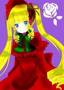 Rating: Safe Score: 0 Tags: 1girl blonde_hair blue_eyes blush bow bowtie cowboy_shot dress flower green_bow image long_hair long_sleeves looking_at_viewer purple_background red_dress rose shinku simple_background solo twintails User: admin