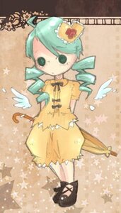 Rating: Safe Score: 0 Tags: 1girl dress drill_hair food green_hair hair_ornament image kanaria personification solo standing star_(symbol) twin_drills wings yellow_dress User: admin