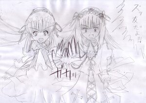 Rating: Safe Score: 0 Tags: 2girls :d dress eyebrows_visible_through_hair frilled_sleeves frills greyscale hairband image lolita_hairband long_hair long_sleeves looking_at_viewer monochrome multiple_girls open_mouth pair ribbon shinku sketch smile suigintou traditional_media very_long_hair wings User: admin