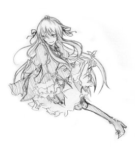 Rating: Safe Score: 0 Tags: 1girl dress full_body greyscale image long_hair looking_at_viewer monochrome simple_background sketch smile solo suigintou white_background User: admin