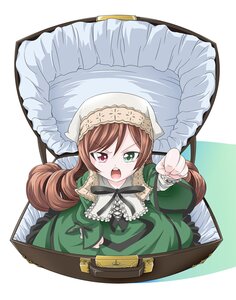 Rating: Safe Score: 0 Tags: 1girl brown_hair dress frills green_dress green_eyes head_scarf heterochromia image in_box in_container long_hair long_sleeves open_mouth red_eyes ribbon simple_background solo suiseiseki twintails very_long_hair User: admin