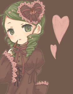 Rating: Safe Score: 0 Tags: 1girl bow dress drill_hair frills green_eyes green_hair heart image kanaria long_sleeves ribbon simple_background solo upper_body User: admin