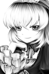 Rating: Safe Score: 0 Tags: 1girl choker frills greyscale image lolita_fashion looking_at_viewer monochrome neck_ribbon ribbon smile solo suigintou User: admin