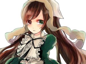 Rating: Safe Score: 0 Tags: 1girl bangs brown_hair dress eyebrows_visible_through_hair frills green_dress green_eyes head_scarf heterochromia image long_hair long_sleeves looking_at_viewer simple_background solo striped striped_background suiseiseki upper_body vertical_stripes very_long_hair white_background User: admin